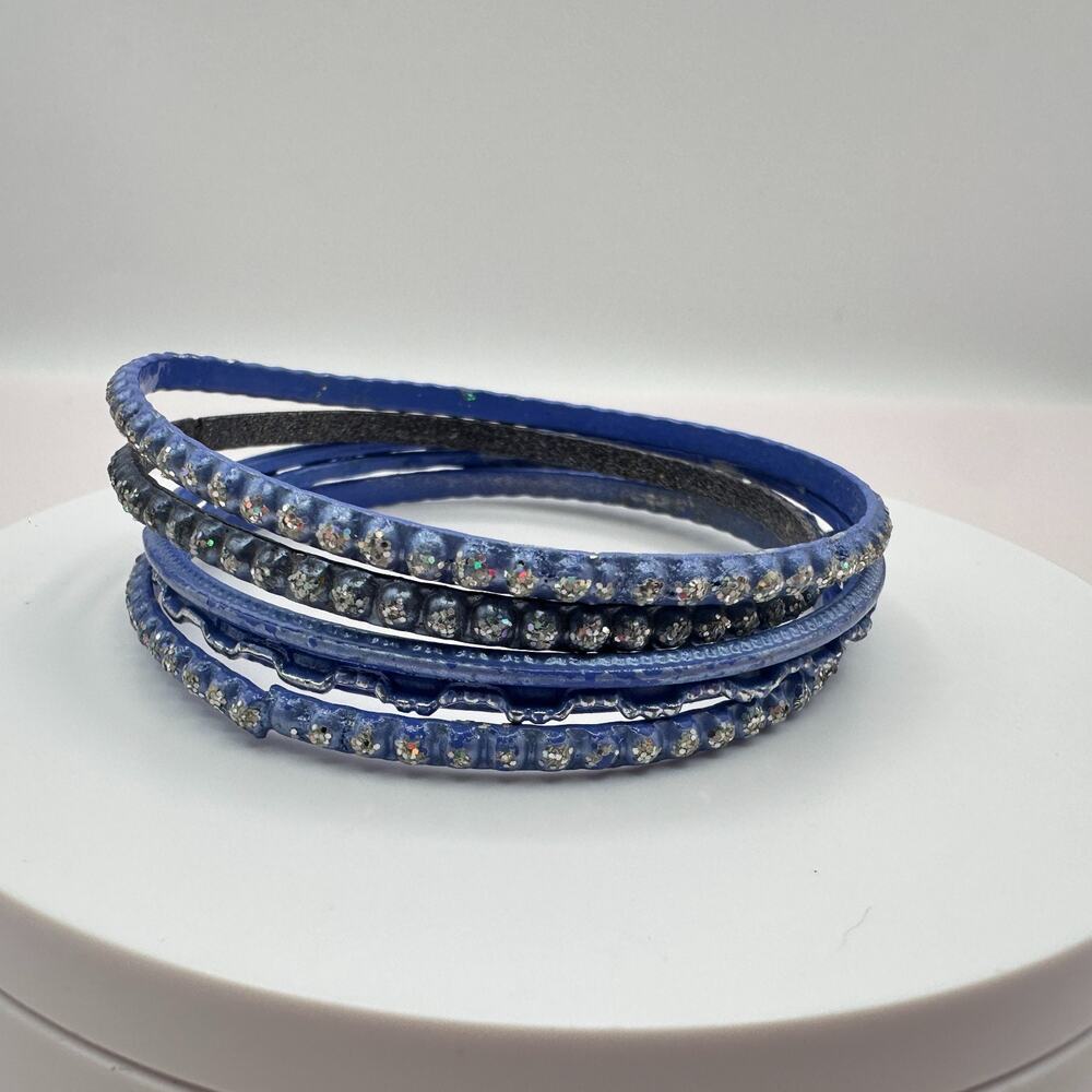 Vintage 90s Blue Glitter Bangles Set Boho Fashion Women's Costume Jewelry